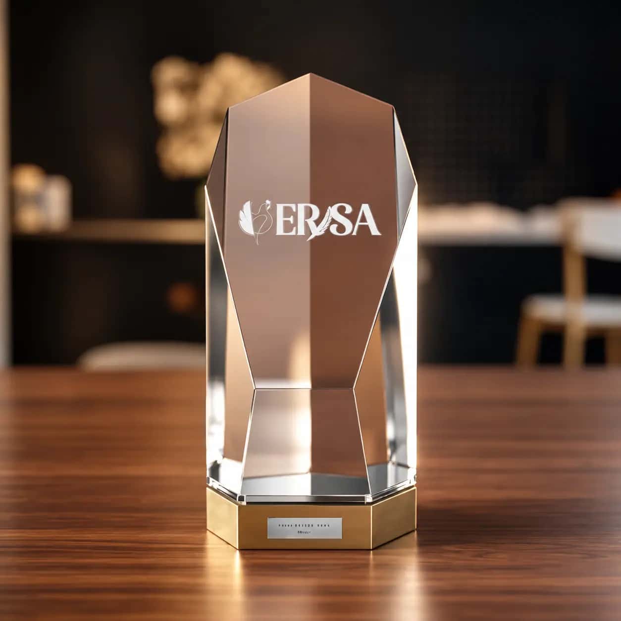 Ersa Çiftlik logosu işlenmiş kristal ödül, ahşap masa üzerinde